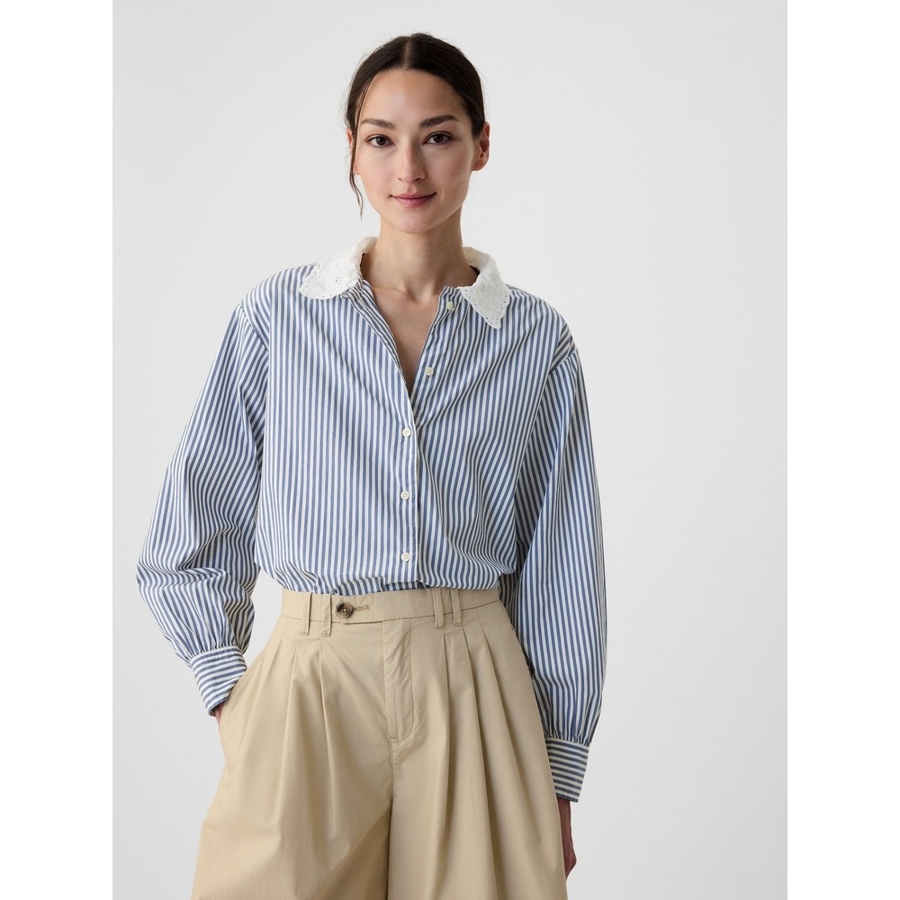 Gap x DÔEN Organic Cotton Striped Navy White Button down Shirt Sz S Cottagecore